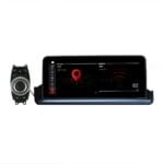 Car infotainment display showing navigation map with a red location pin and side icons, plus a separate control knob to the left.