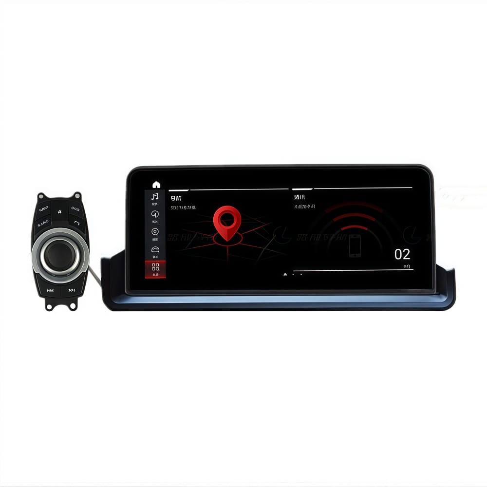 Car infotainment display showing navigation map with a red location pin and side icons, plus a separate control knob to the left.