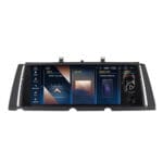 Car infotainment touchscreen displaying app menu with Nav, Music, Bluetooth, and Video panels.