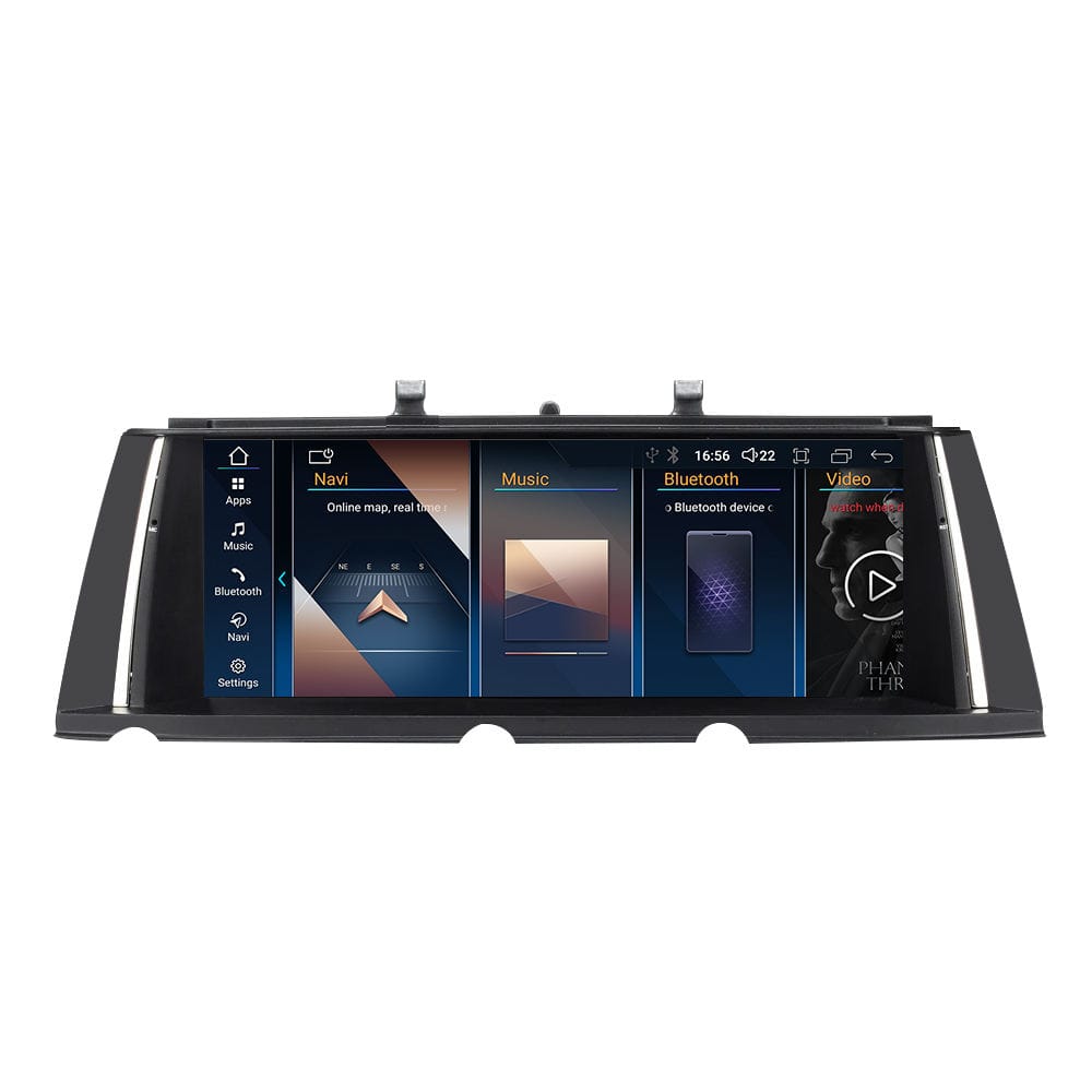 Car infotainment touchscreen displaying app menu with Nav, Music, Bluetooth, and Video panels.