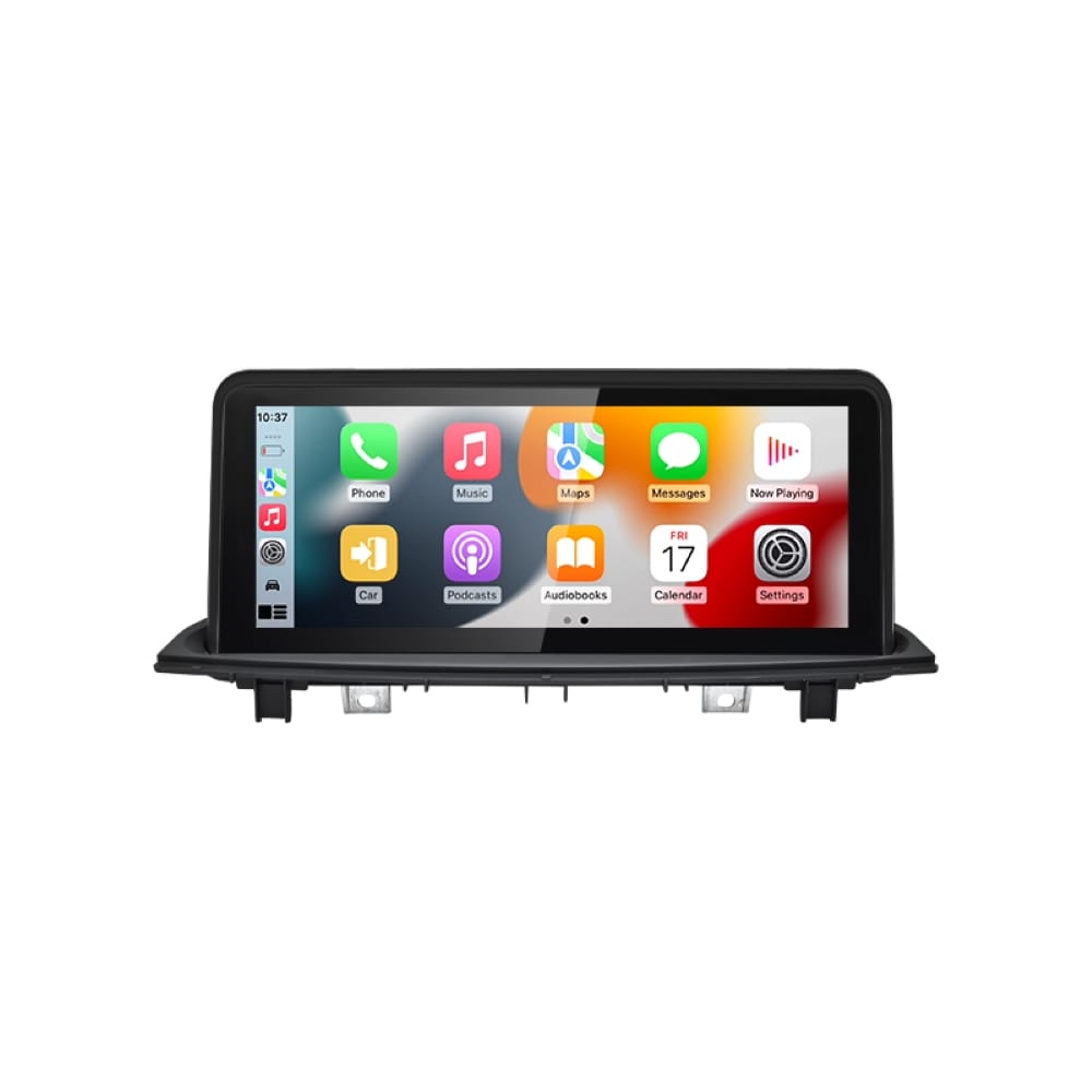 Car infotainment touchscreen displaying apps (Phone, Maps, Messages) in a black frame on a car dashboard unit.