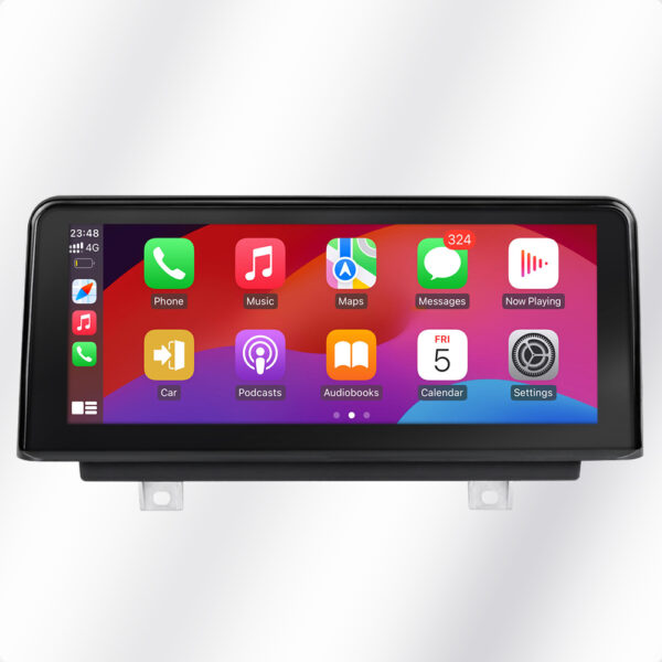 In-car infotainment touchscreen displaying app icons (Phone, Music, Maps, Messages, Now Playing) on a colorful home-screen grid in a black dash mount, with mounting brackets visible below.