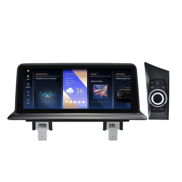 In-dash car infotainment display showing navigation, weather, and media panels with a right-side control dial.