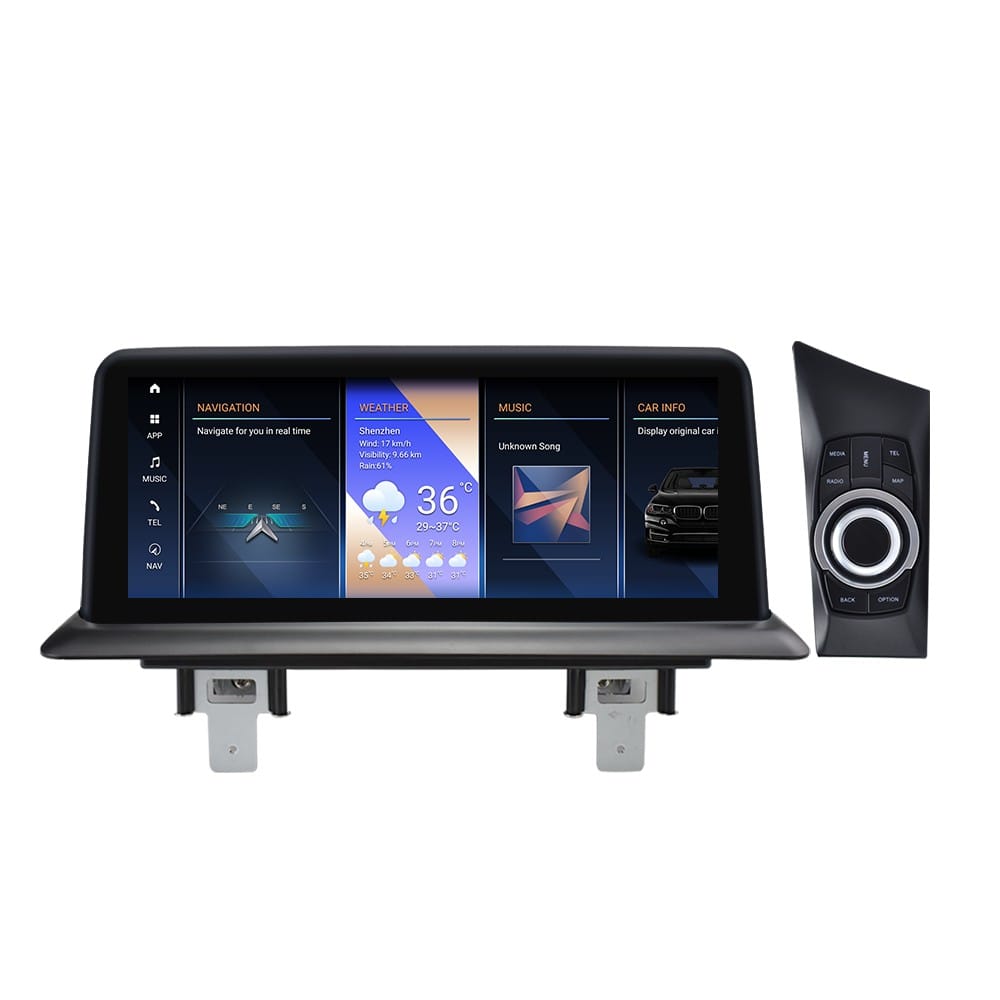 In-dash car infotainment display showing navigation, weather, and media panels with a right-side control dial.