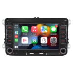 In-dash car stereo with a large touchscreen showing app icons like Phone, Music, Maps, Messages, and Calendar, plus side control buttons and knobs