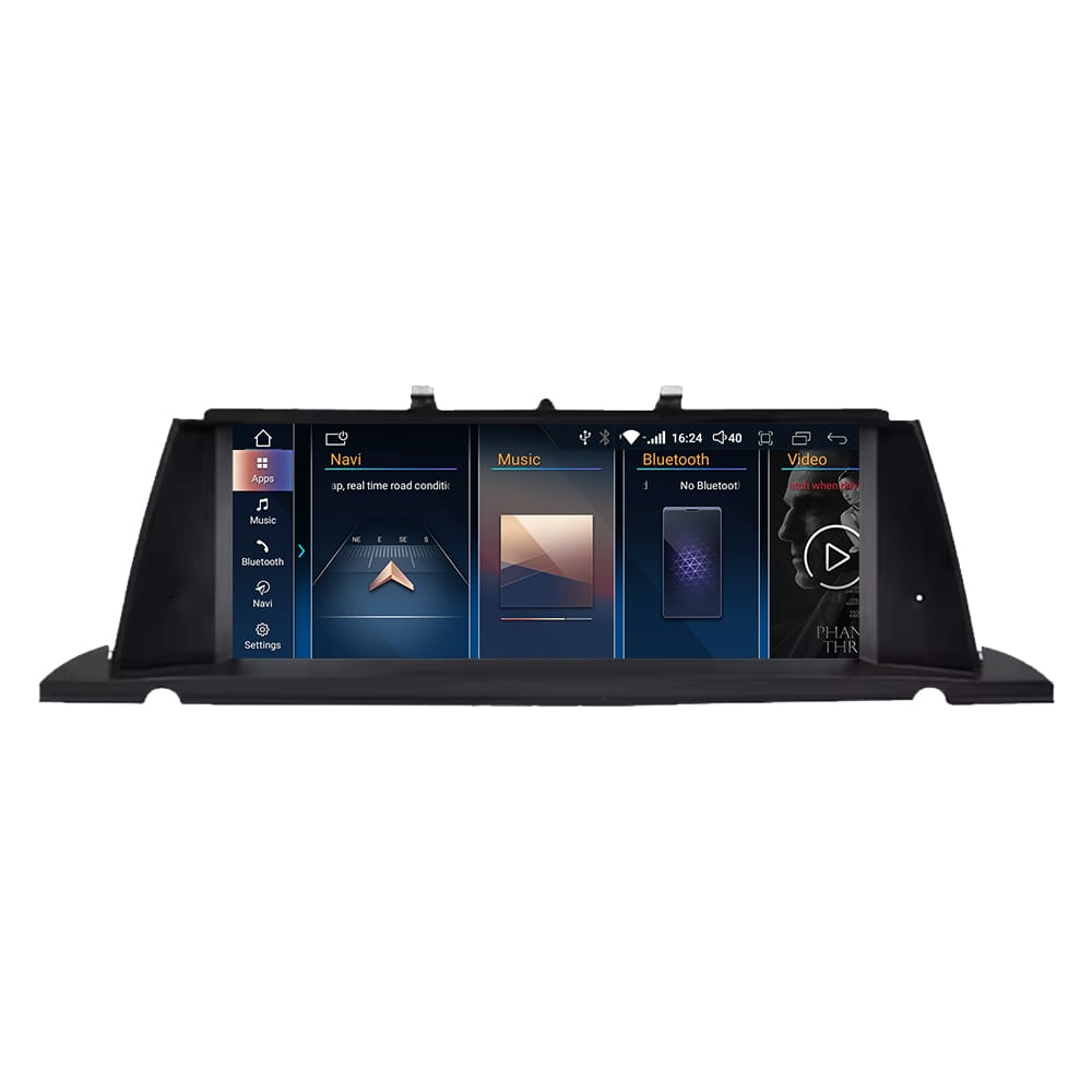In-car touchscreen infotainment system displaying apps (Navi, Music, Bluetooth, Video) on a wide dashboard screen.
