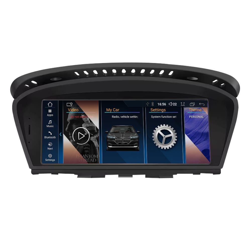 In-car touchscreen infotainment system displaying media, navigation, and settings panels on a wide screen