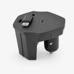 Black car power adaptor with a USB-C port on top and a 12V cigarette lighter plug underneath