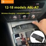 Center console of a car showing a wireless charging pad; a hand is about to use it with overlay text '12-18 models A6L-A7' on top.