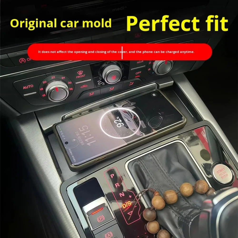 Phone resting on a wireless charger in a car center console, with gear shifter nearby and red-lit controls, showing 'Original car mold – Perfect fit' promo text.