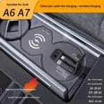 Car wireless charging pad in a vehicle center console labeled A6/A7, showing wireless charging icon and USB slot(s).