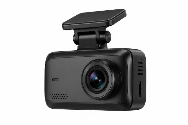 Black car dash camera with wide-angle lens and suction-muction mount attached to the top region.