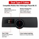 Infographic showing a dual Type-C cable car device with wireless charging, highlighting cables, charging area, and a 7-color ambient ring for compatible Android/iPhone models (passat B8 CC).