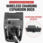 Wireless charging expansion dock for Volkswagen Passat B8/CC center console; inset shows plug‑and‑play installation.