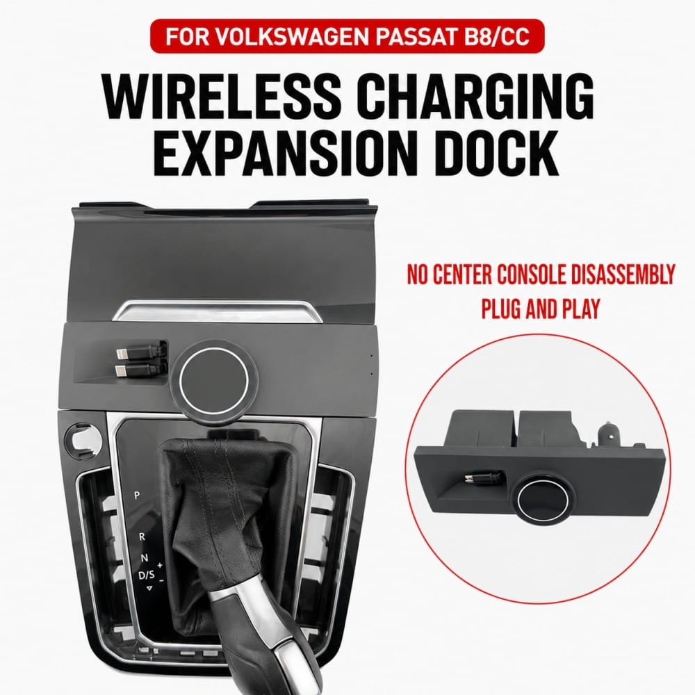 Wireless charging expansion dock for Volkswagen Passat B8/CC center console; inset shows plug‑and‑play installation.