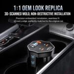Close-up of a car center console with an OEM-look, 3D-scanned device installed in the cup holder, featuring USB ports and control buttons.