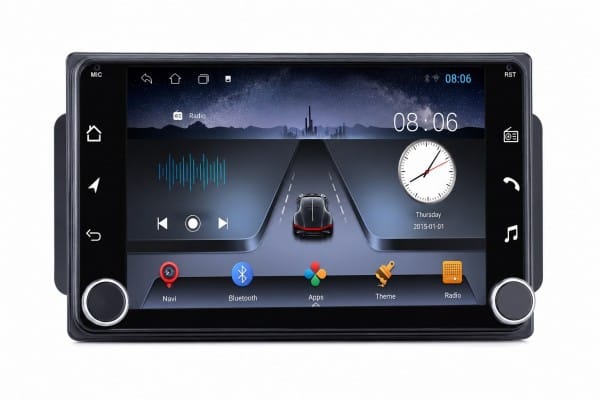 Car infotainment touchscreen displaying a road-navigation UI with app icons (Navi, Bluetooth, Apps, Theme, Radio) and a clock on the right, plus physical knobs on the sides.