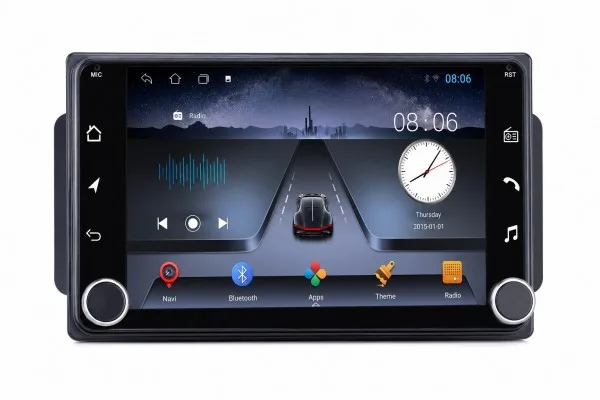 Car infotainment touchscreen displaying a road-navigation UI with app icons (Navi, Bluetooth, Apps, Theme, Radio) and a clock on the right, plus physical knobs on the sides.