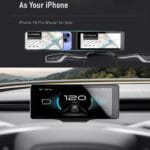 In-car smartphone holder display demo showing two iPhone screens for navigation and a dashboard speed display.