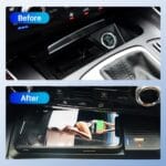 Before/After inset: car center console—before shows empty storage compartment, after shows a smartphone on the dash displaying a person in a swimsuit side profile in a photo thumbnail.