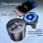 Wireless fast charger with 15W magnetic charging capability, showing phone on coil and adapters; ideal for iPhone/Android devices with wireless charging