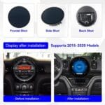 Three circular car camera modules (front, side, back) with blue captions for installation guidance, 2015–2020 models.