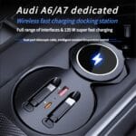 Wireless charging dock in car center console with USB ports and blue charging symbol, designed for Audi A6/A7.