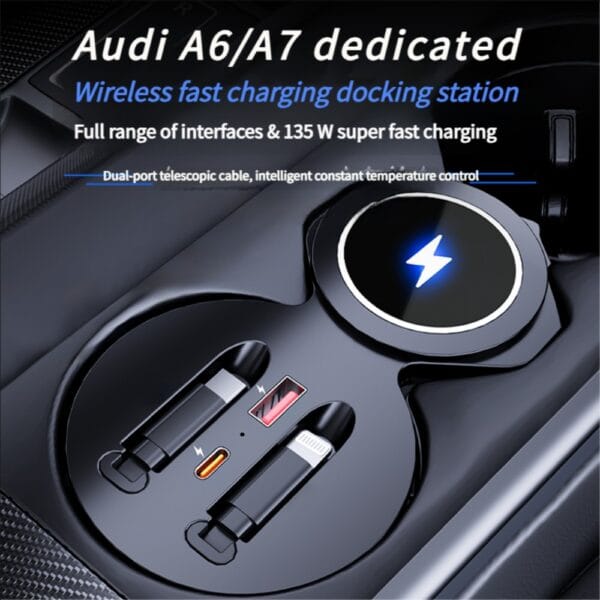Wireless charging dock in car center console with USB ports and blue charging symbol, designed for Audi A6/A7.