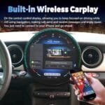 Built-in Wireless CarPlay display in the car dashboard with an iPhone connected and showing apps on screen