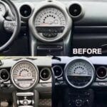 Collage of three car dashboards with large circular speedometers and central controls, shown from different angles; one section labeled 'BEFORE'.