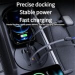 Close-up of a car charging dock with an iPhone and multiple cables, highlighting precise docking and fast charging in a vehicle interior.