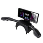 Steering wheel stalk with a mounted smartphone displaying a digital dashboard. (In-car phone holder)