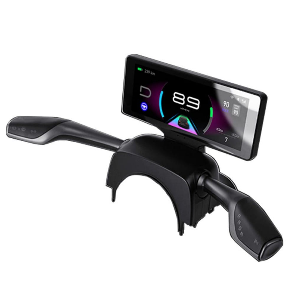 Steering wheel stalk with a mounted smartphone displaying a digital dashboard. (In-car phone holder)