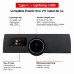 Product diagram of a black charging dock showing Type-C and Lightning cables, a wireless charging area, and an RGB ambient light ring with label callouts on a white background