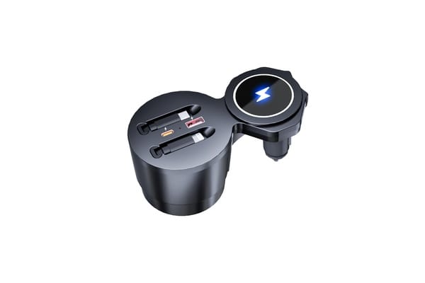 In-car wireless charger with circular charging pad, 12V plug, and two USB ports for cables.