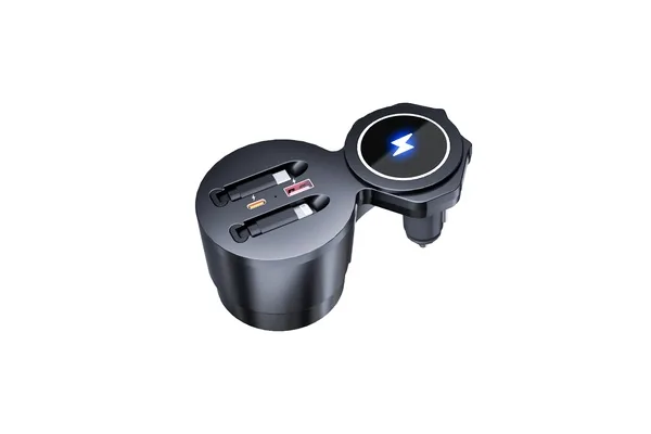 In-car wireless charger with circular charging pad, 12V plug, and two USB ports for cables.