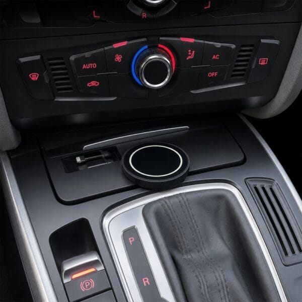 Center console showing a climate control panel with a red/blue temperature dial, a round wireless charging pad, and a gear shifter with leather cover nearby.