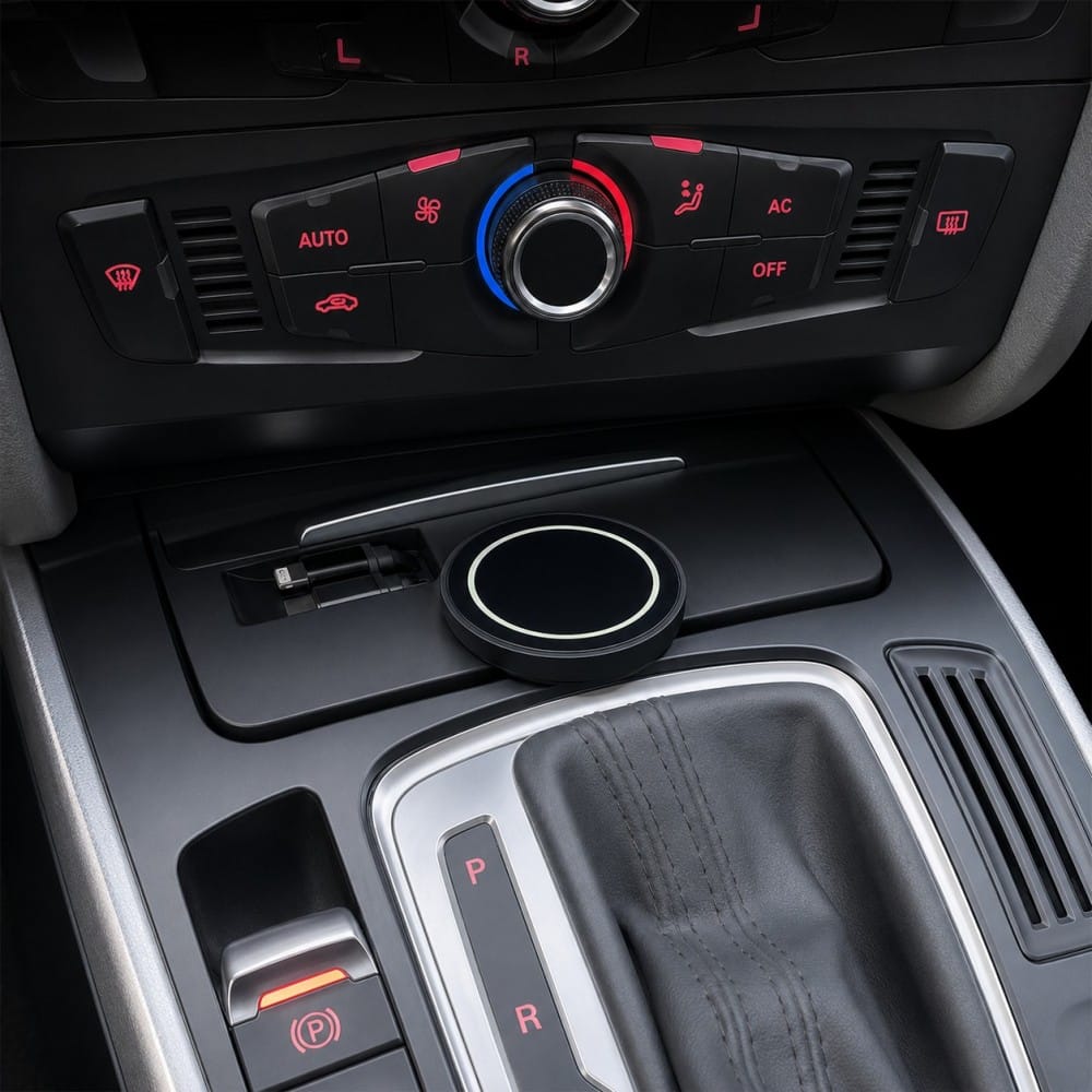 cd6cd8c7-35df-4490-abcc-cb56476ed473 Center console showing a climate control panel with a red/blue temperature dial, a round wireless charging pad, and a gear shifter with leather cover nearby.