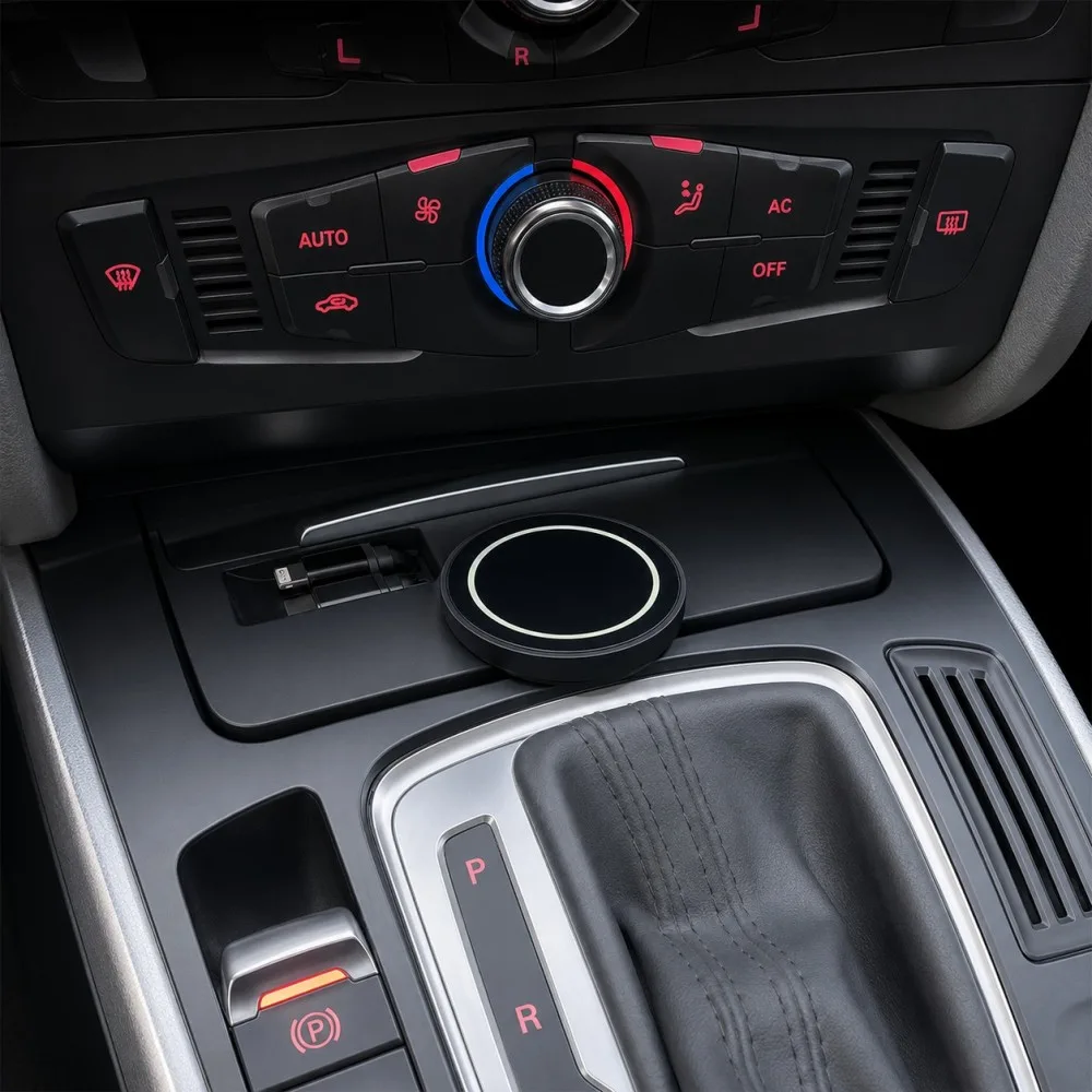 Center console showing a climate control panel with a red/blue temperature dial, a round wireless charging pad, and a gear shifter with leather cover nearby.
