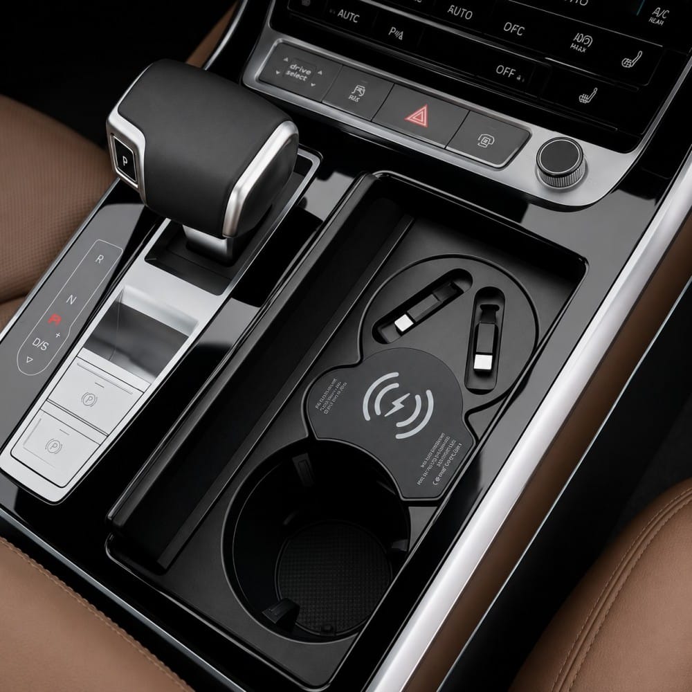 d207cba2-1b58-4418-9edc-f7e75cf28bf7 Car center console with wireless charging pad and two USB drives in the cup-holder area.