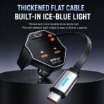 High-wattage car charger with a thick flat USB-C cable and a blue indicator light.
