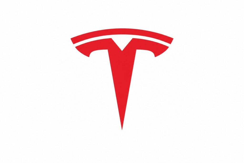 Tesla logo: a red stylized 'T' on a white background, representing the electric car company