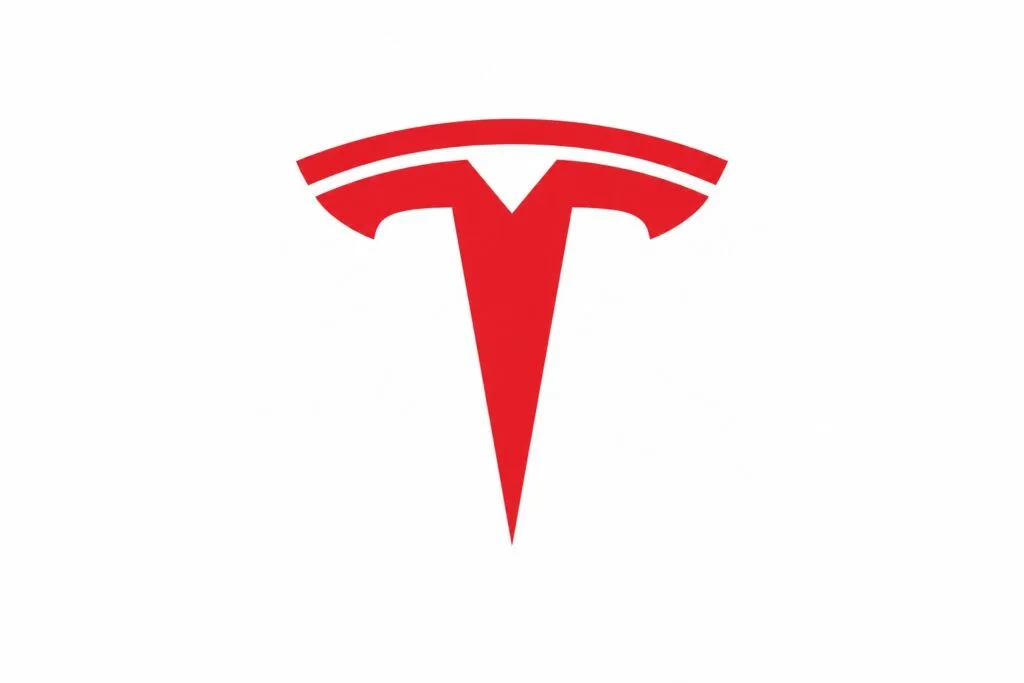 Tesla logo: a red stylized 'T' on a white background, representing the electric car company