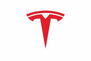 Tesla logo: a red stylized 'T' on a white background, representing the electric car company