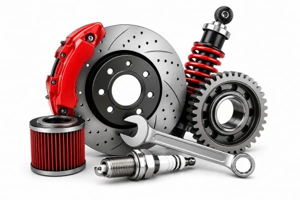 Automotive repair parts including a brake rotor with red caliper, a coilover shock, gears, spark plug, oil filter, and a wrench.