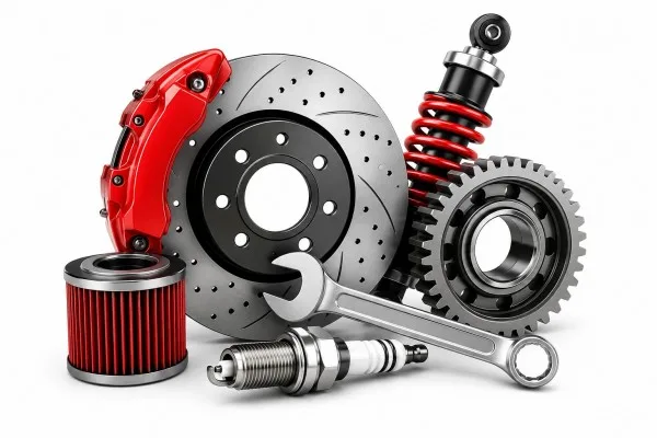 Automotive repair parts including a brake rotor with red caliper, a coilover shock, gears, spark plug, oil filter, and a wrench.