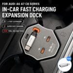 Close-up of an in-car three-port USB-C fast charging dock mounted in a car console, with two orange ports and a connector, showing the promotional text 'In-Car Fast Charging Expansion Dock' and '3-Port Expansion'.