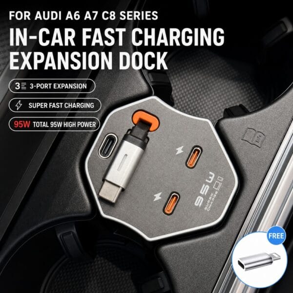 Close-up of an in-car three-port USB-C fast charging dock mounted in a car console, with two orange ports and a connector, showing the promotional text 'In-Car Fast Charging Expansion Dock' and '3-Port Expansion'.