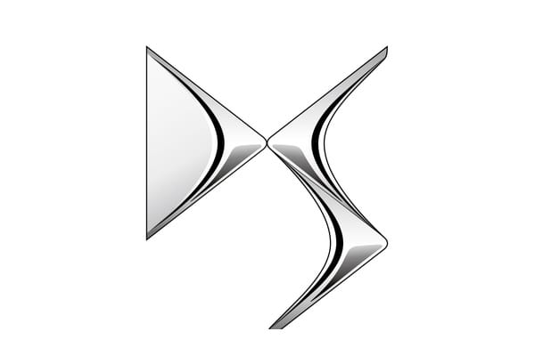 Abstract silver metallic logo shaped like two mirrored curved blades crossing to form an X.